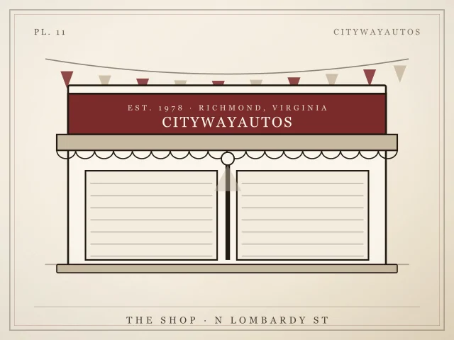 Illustration of the CitywayAutos garage with its sign, awning and two roll-up doors