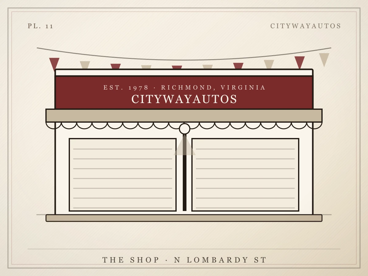 Illustration of the CitywayAutos garage on N Lombardy St with its sign, awning and two roll-up doors