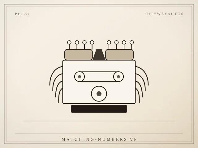 Illustration of a V8 engine block with valve covers, spark plugs and belt drive